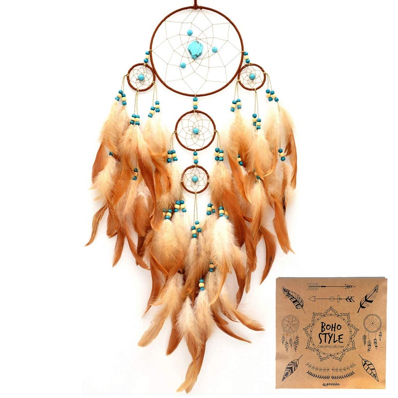 Urdeoms Big Brown Dream Catcher Wall Decor for Girls Women Boho Dream Catchers for Bedroom Adult Boys Teen Room Decor with Turquoise Hanging Ornament and Feathers Blessing Gifts(NO.31) - Image 1
